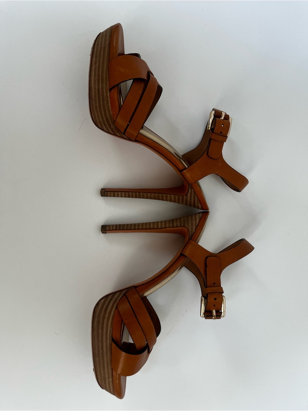 Coach Tan Leather Crisscross Wedge Sandals with Gold Accents - Picture 2 of 2